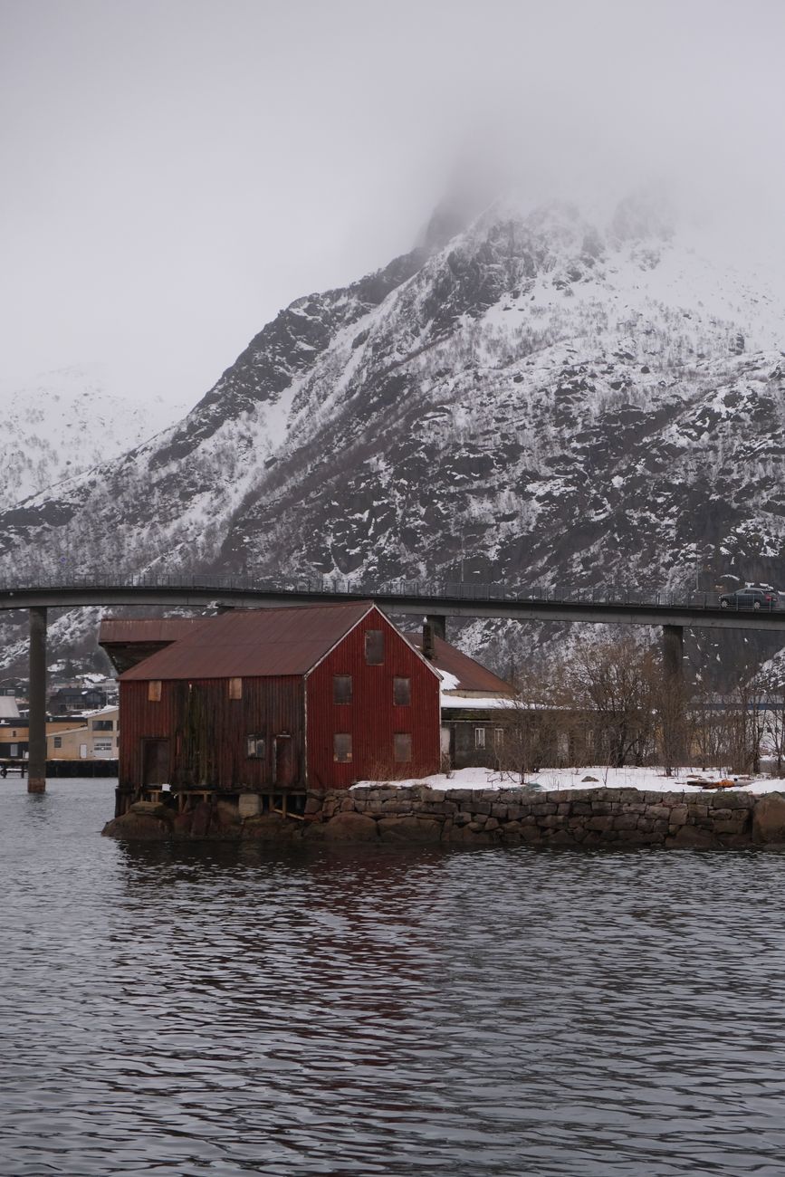 Historic stone bridge and misty fjord architecture